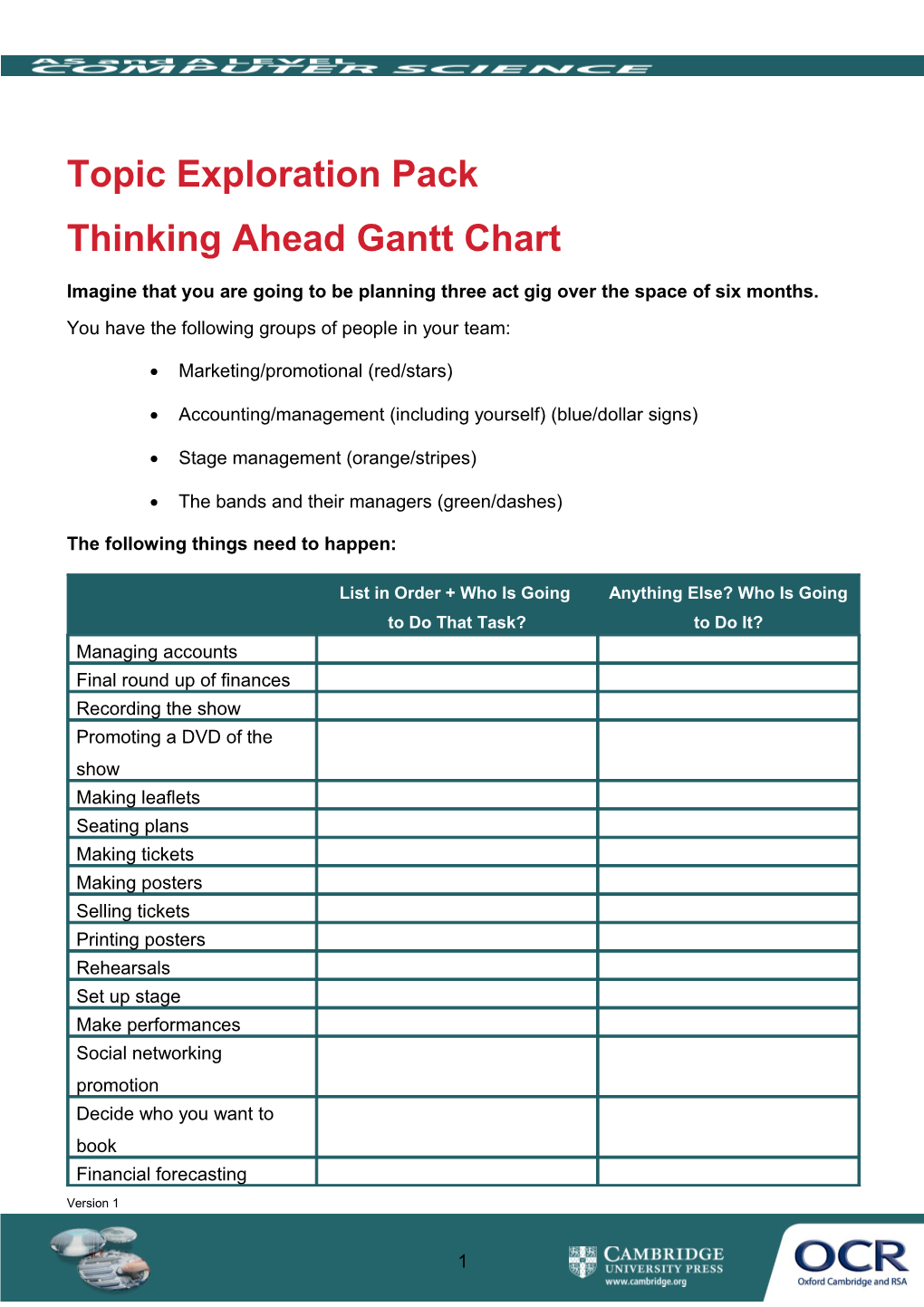 A Level Computer Science, Topic Exploration Pack, Thinking Ahead Gantt Worksheet