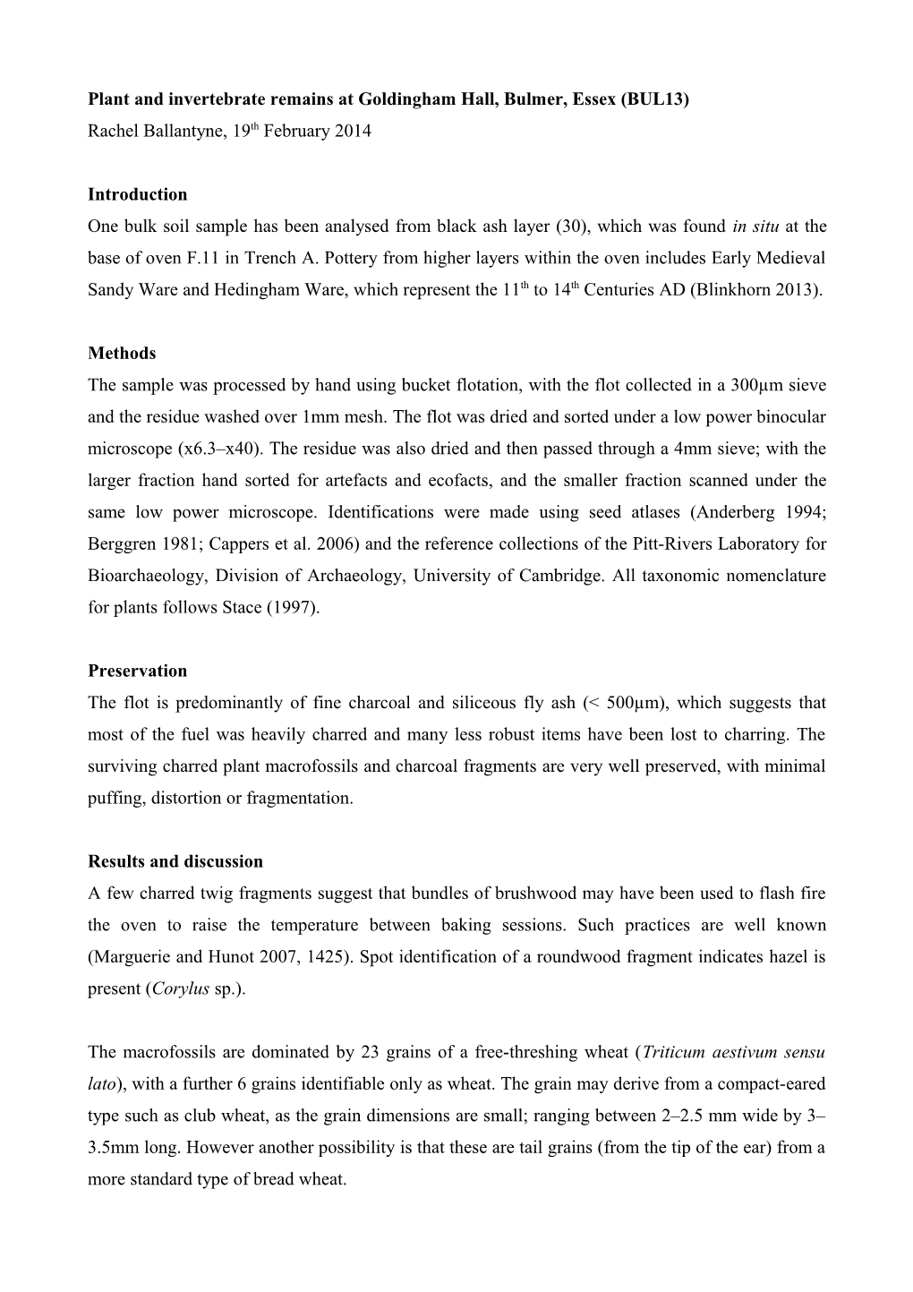 Plant and Invertebrate Remains at Goldingham Hall, Bulmer, Essex (BUL13)