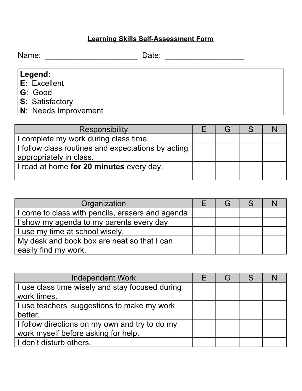 Learning Skills Self-Assessment Form