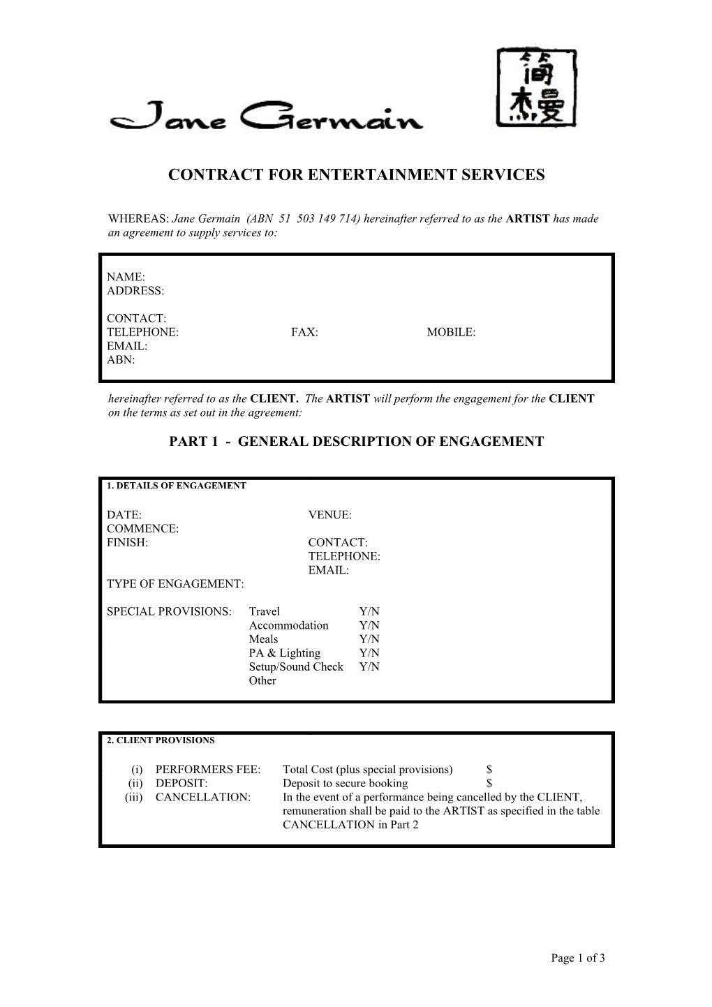 Contract for Entertainment Services