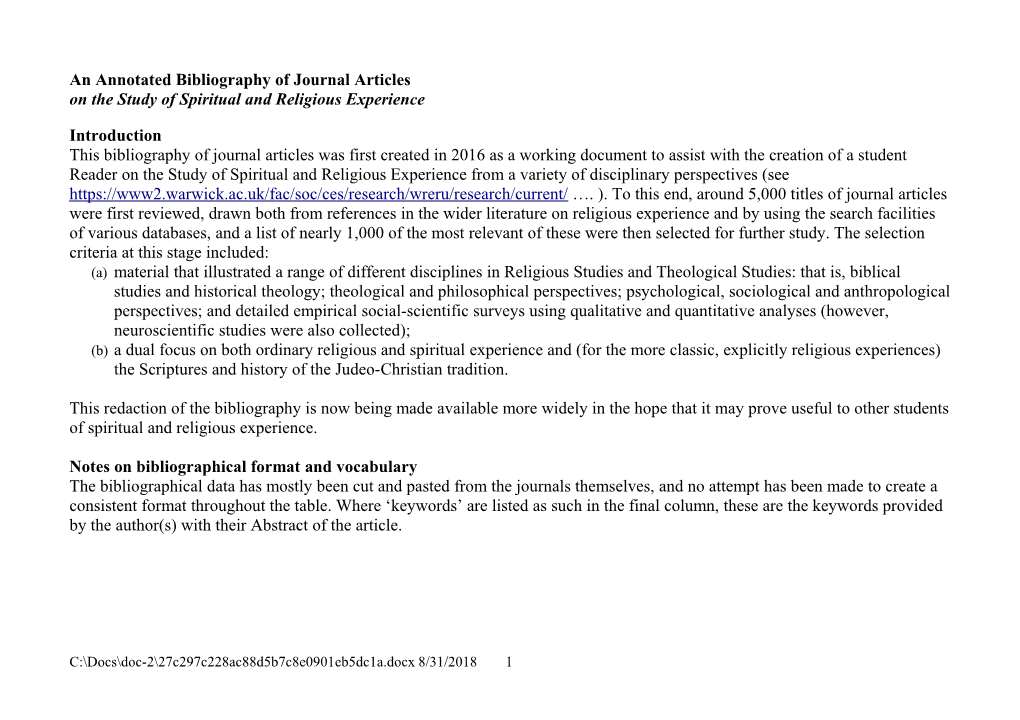 An Annotated Bibliography of Journal Articles on the Study of Spiritual and Religious