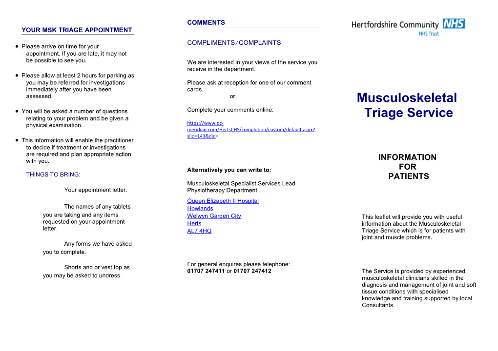 Operational Policy for Musculoskeletal Assessment Service