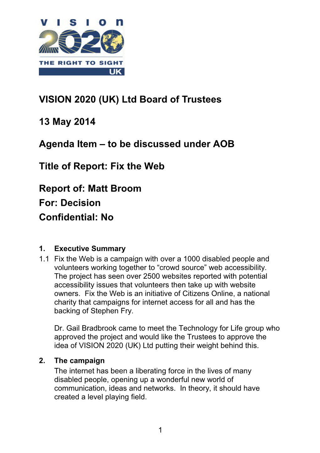 VISION 2020 (UK) Ltd Board of Trustees