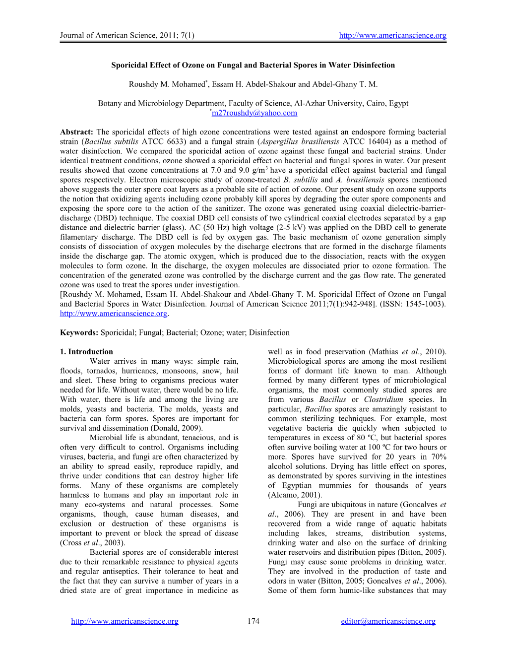 Sporicidal Effect of Ozone on Fungal and Bacterial Sporesin Water Disinfection