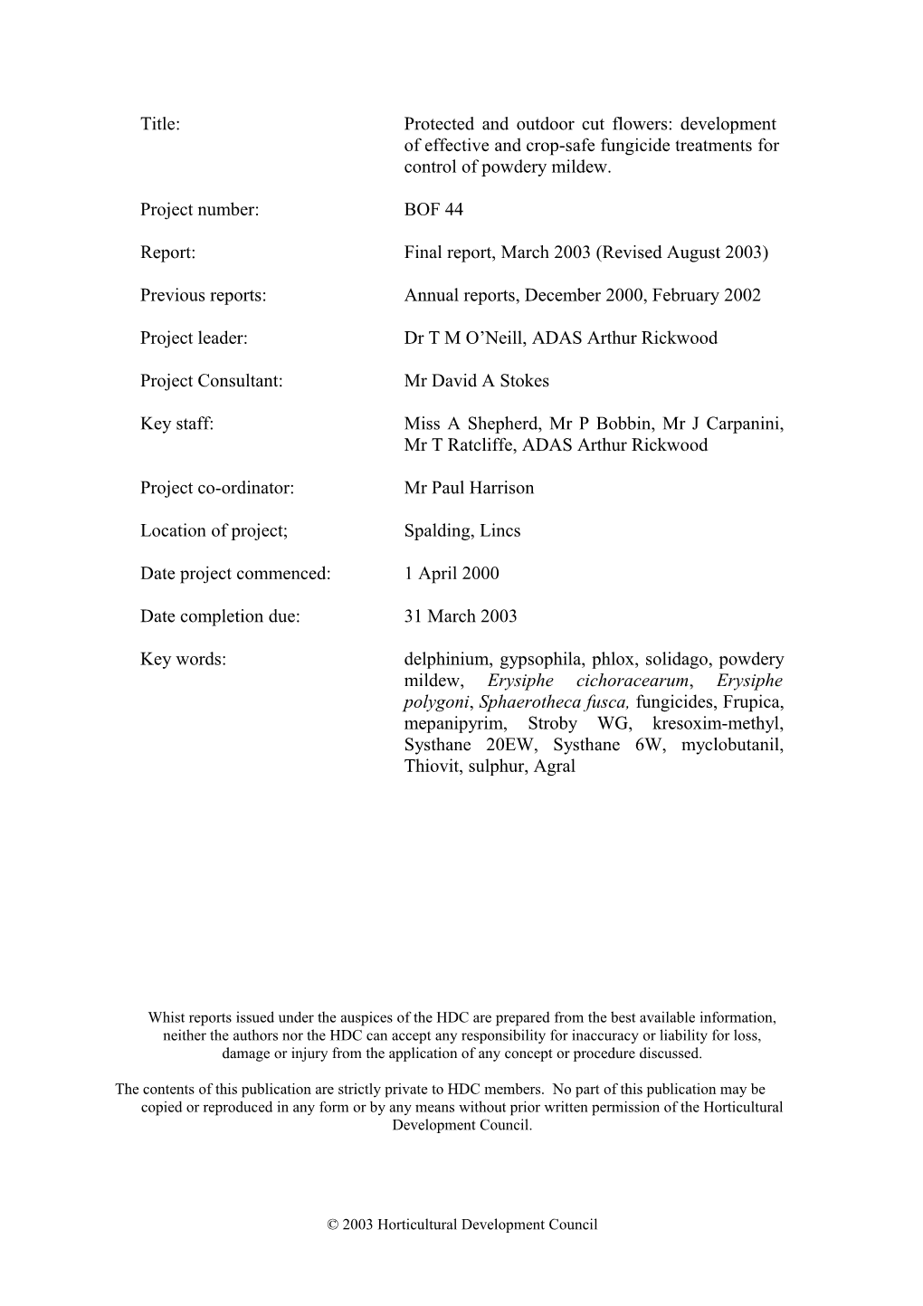 Contract Report for the Horticultural Development Council