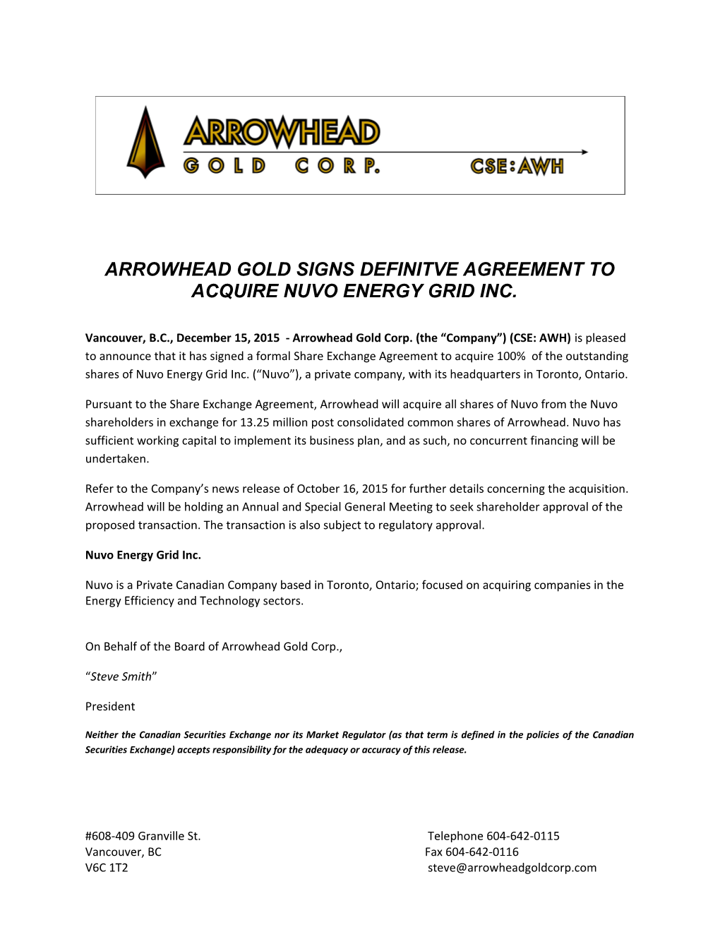 Arrowhead Gold Signs Definitve Agreement to Acquire Nuvo Energy Grid Inc