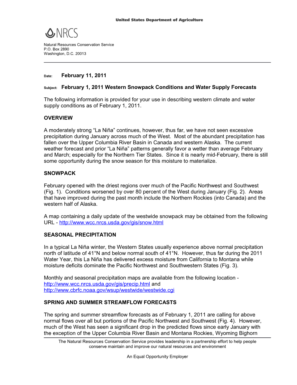 Subject:February 1, 2011Western Snowpack Conditions and Water Supply Forecasts