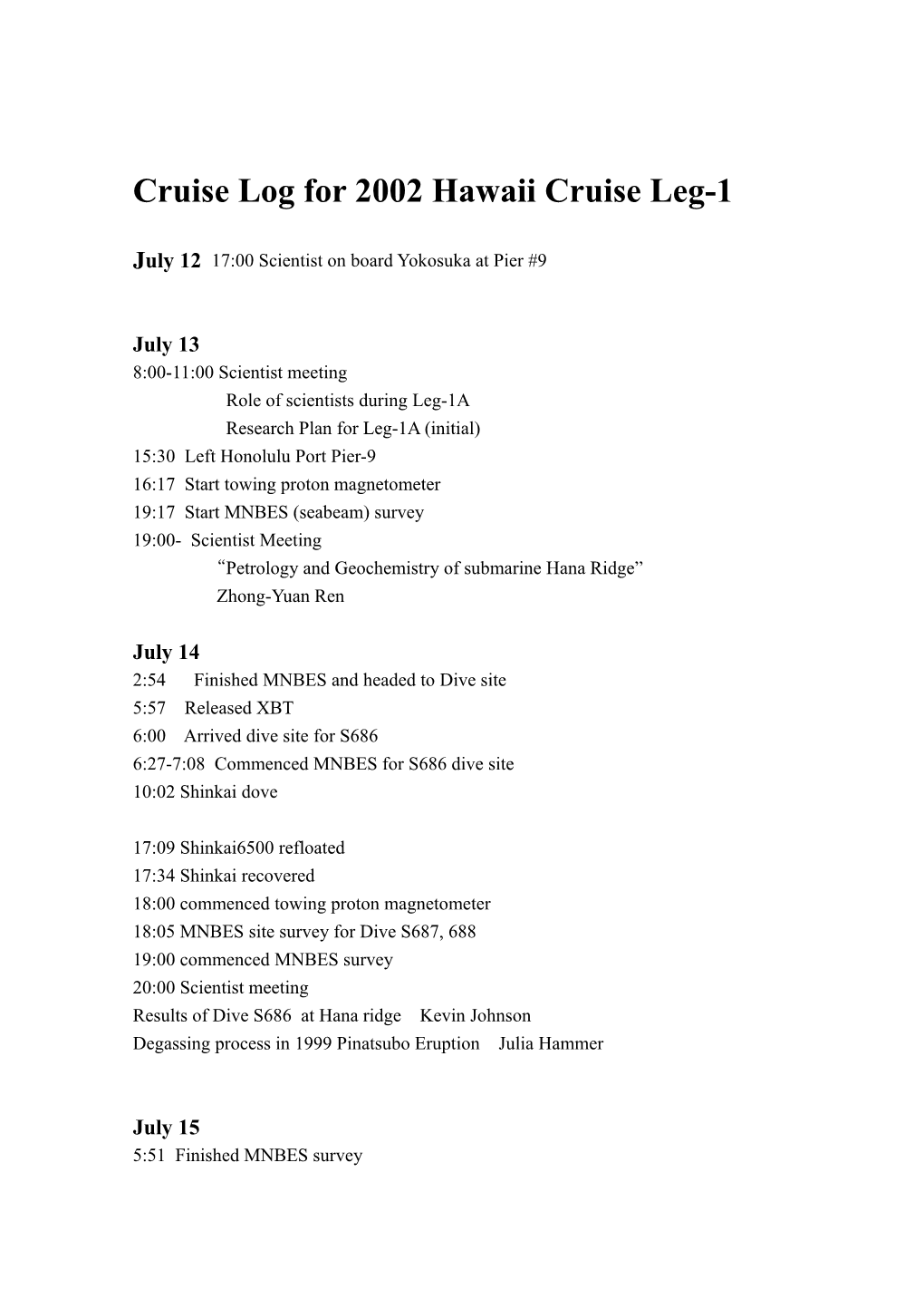 Cruise Log for 2002 Hawaii Cruise Leg-1A