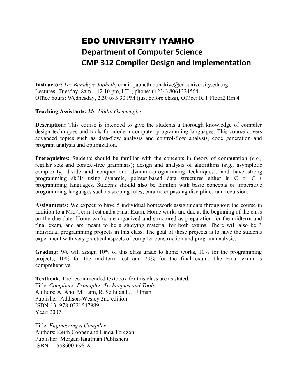 CMP 312 Compiler Design and Implementation