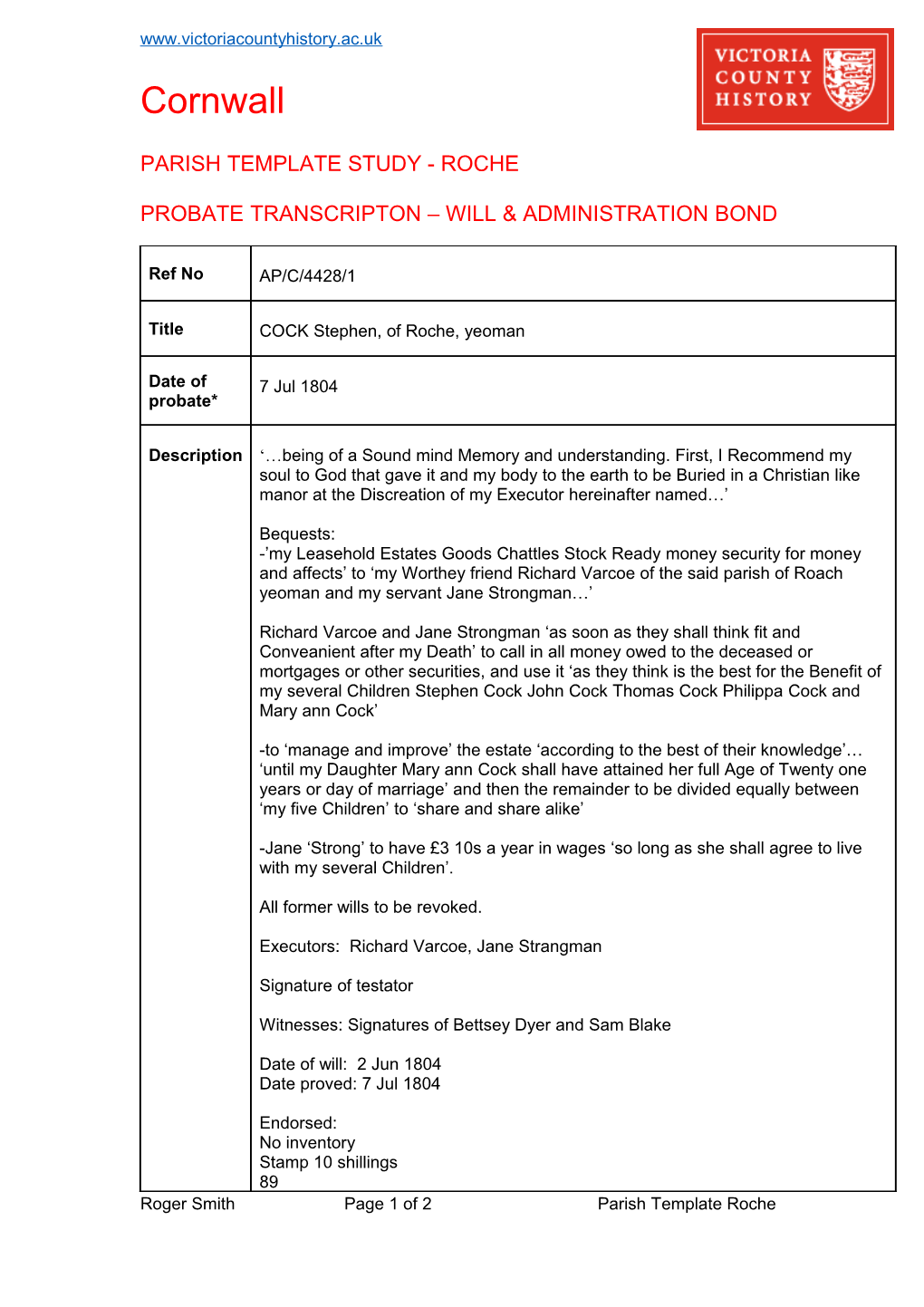 Parish Template Study - Roche