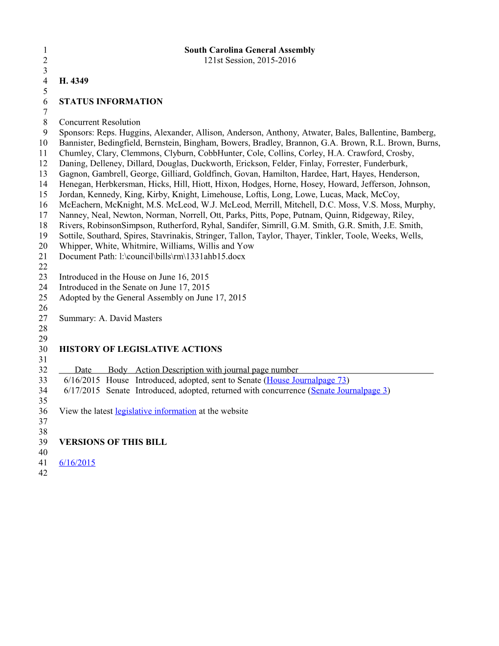 2015-2016 Bill 4349: A. David Masters - South Carolina Legislature Online