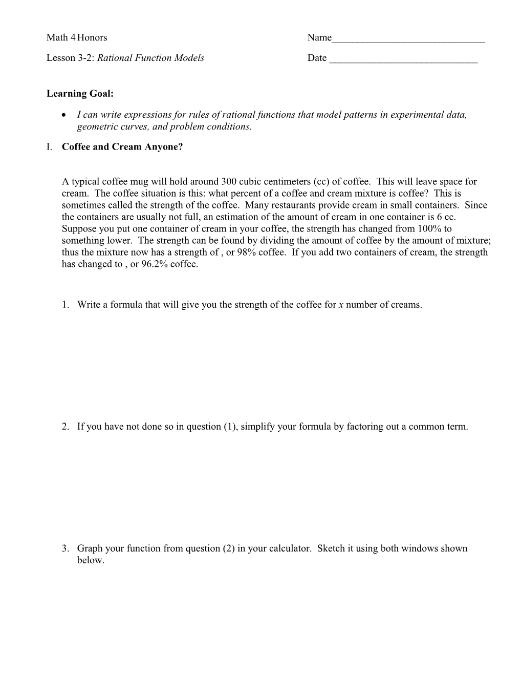 Lesson 3-2: Rational Function Modelsdate ______