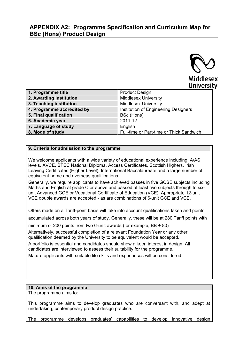 APPENDIX A2: Programme Specification and Curriculum Map for Bsc (Hons) Product Design