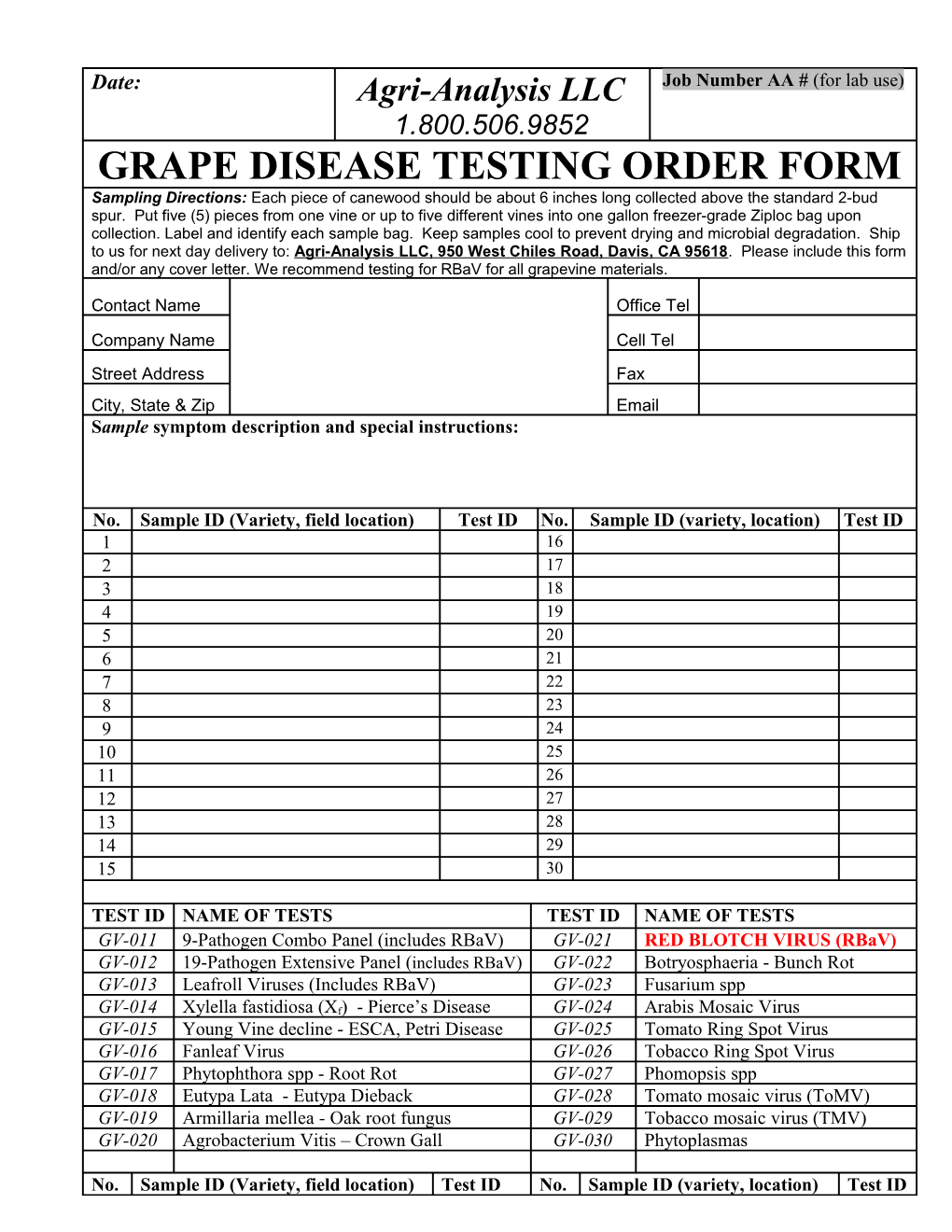 Grapevine Disease Testing Order Form