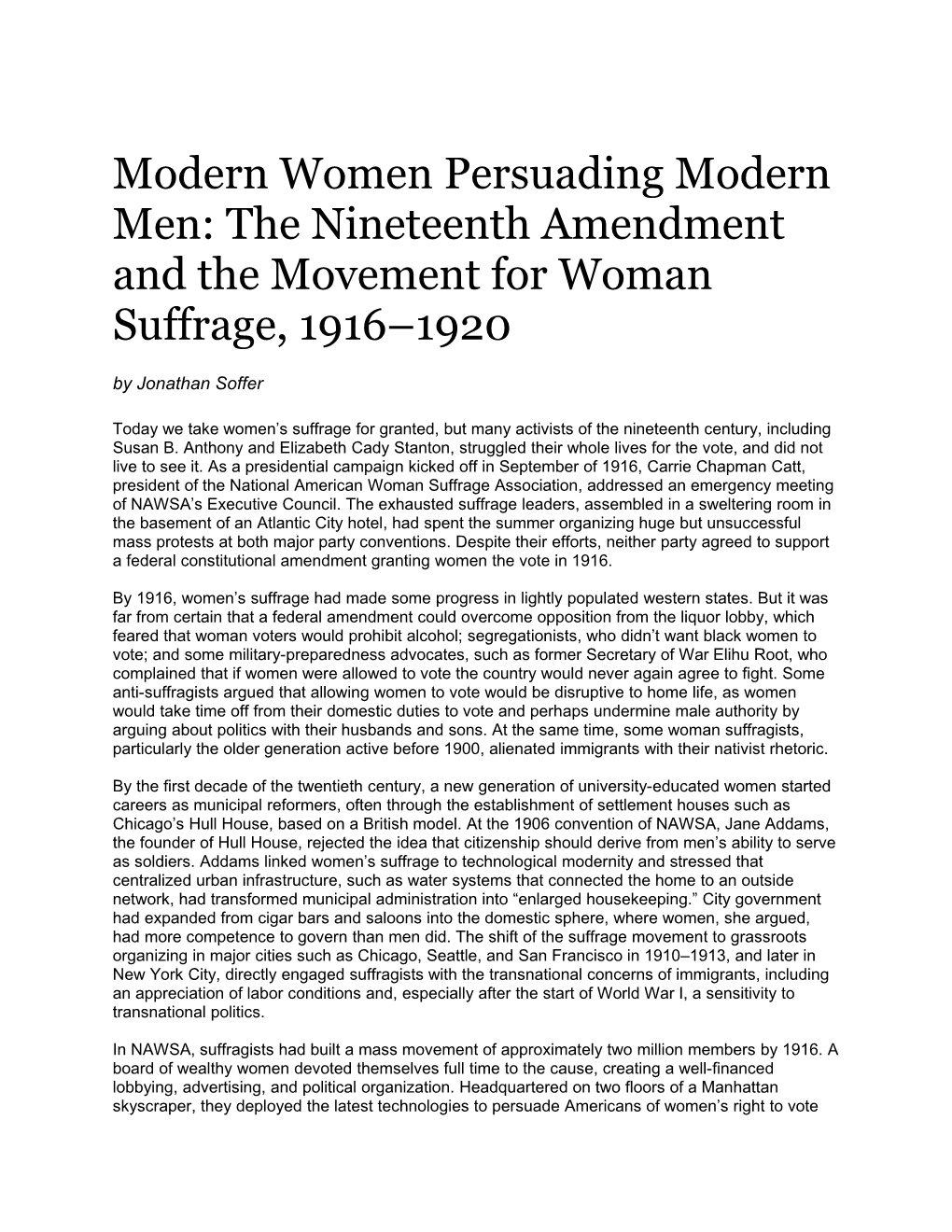 Modern Women Persuading Modern Men: the Nineteenth Amendment and the Movement for Woman