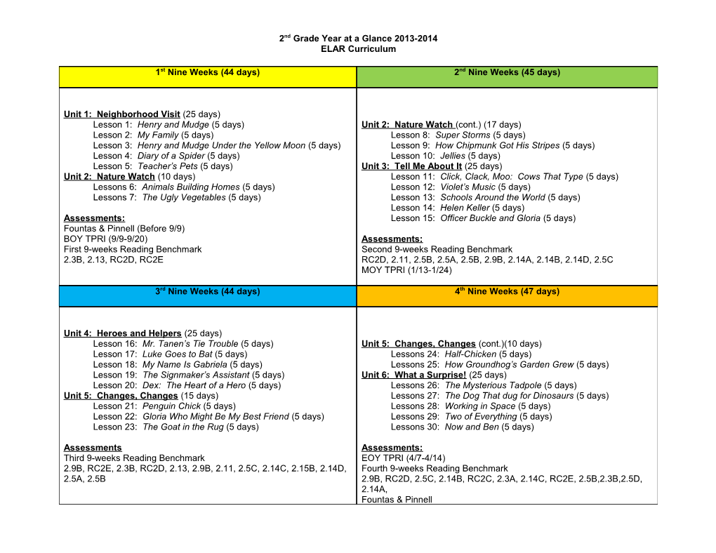 2Nd Grade Year at a Glance 2013-2014