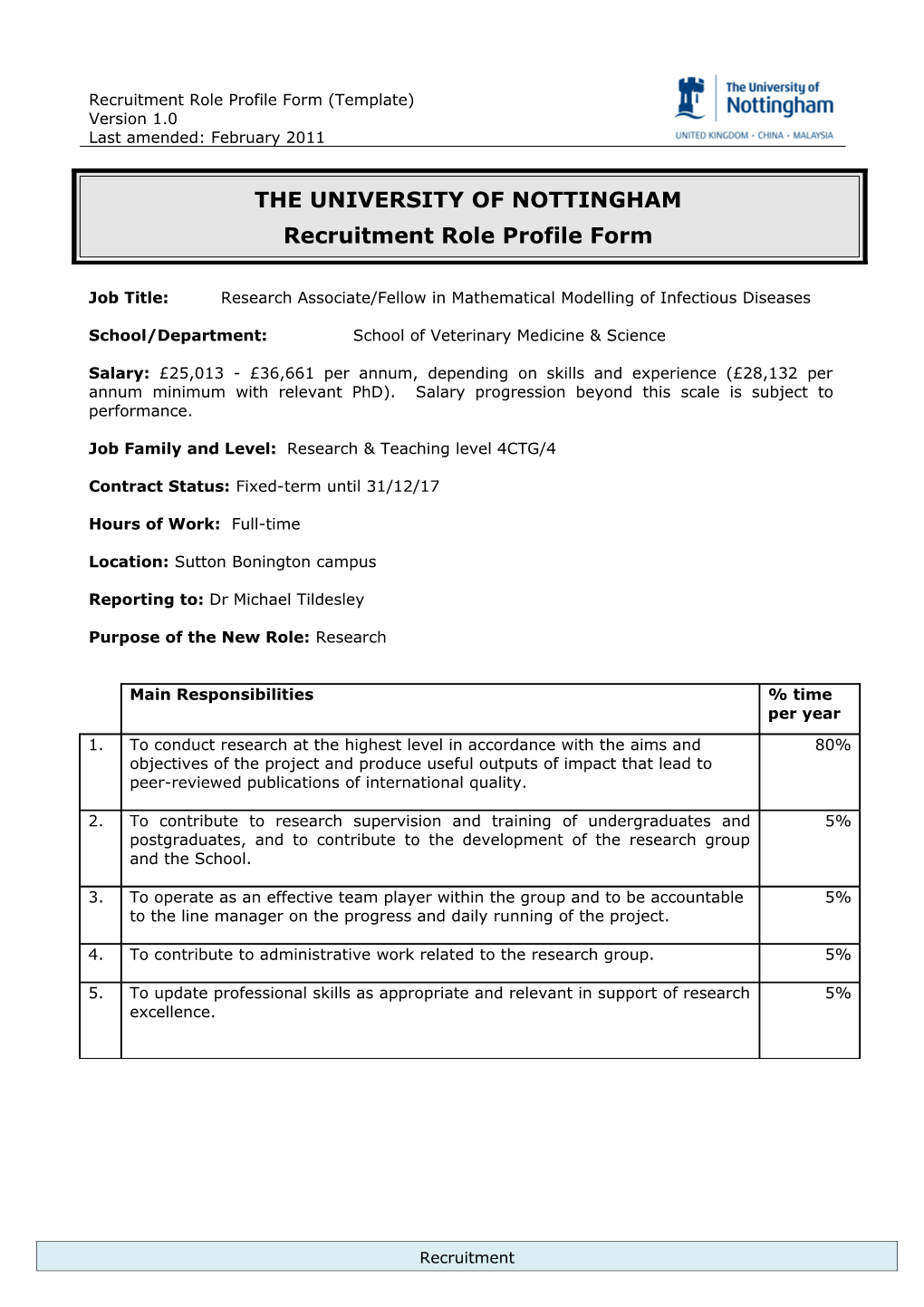 Job Title:Research Associate/Fellow in Mathematical Modelling of Infectious Diseases