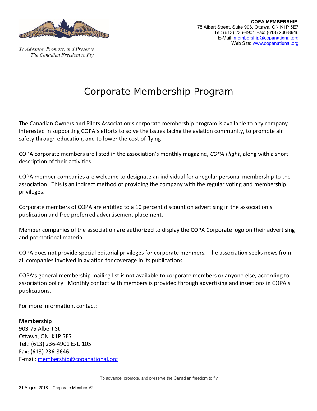 The Canadian Owners and Pilots Association S Corporate Membership Program Is Available