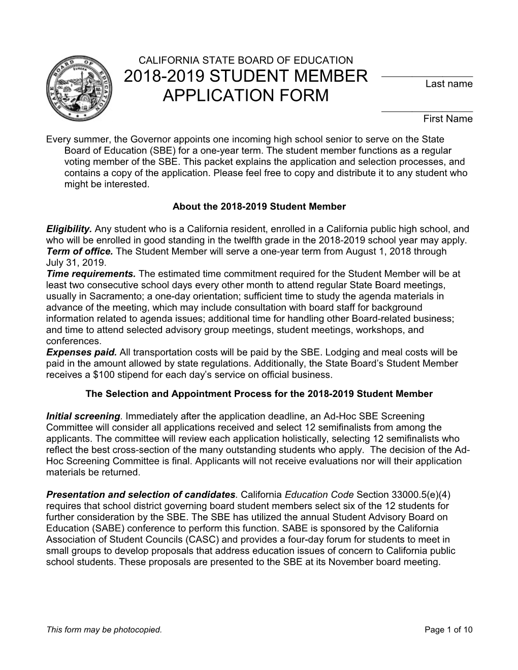 Application Form for SBE Student Member - Public Notices (CA State Board of Education)