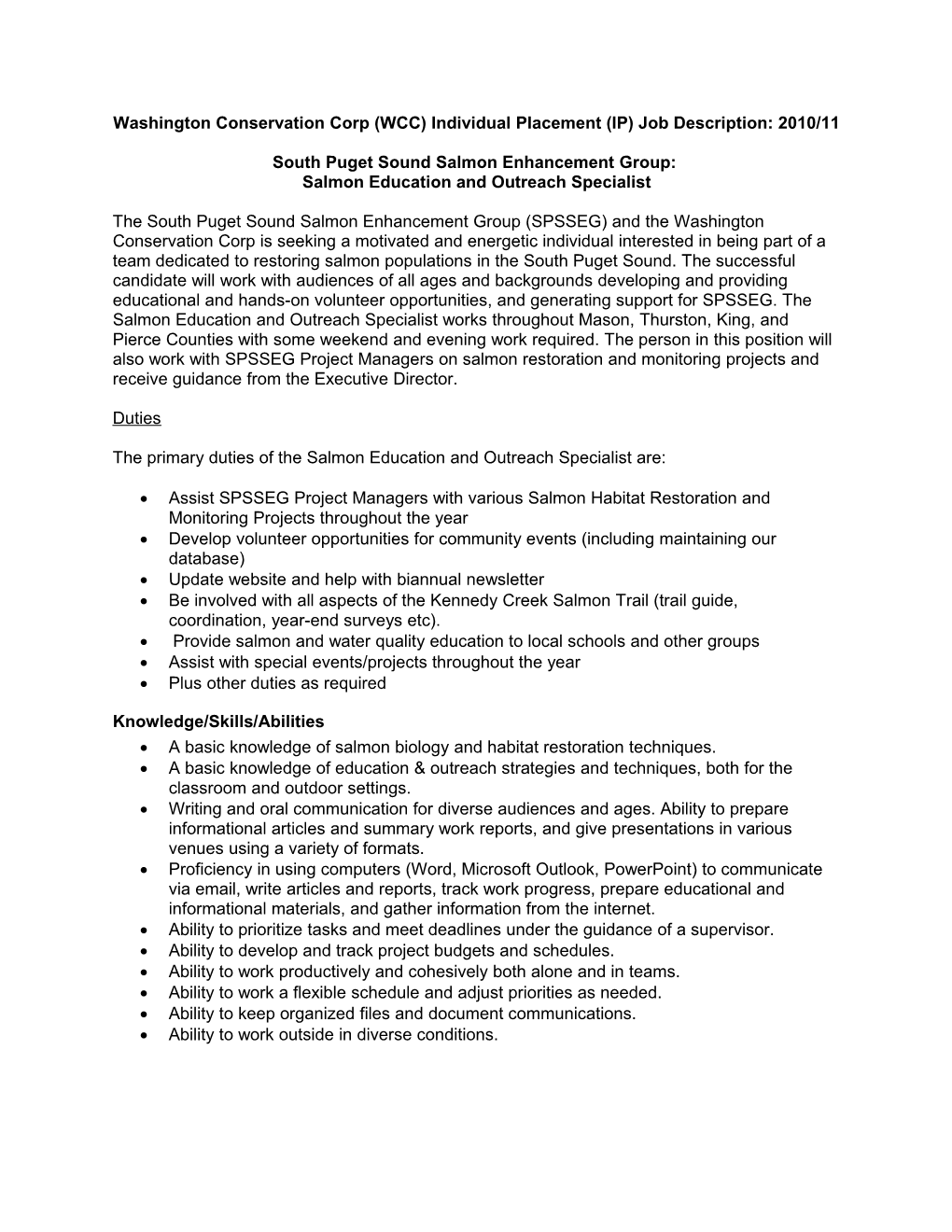 Washington Conservation Corp (WCC) Individual Placement (IP) Job Description: 2010/11