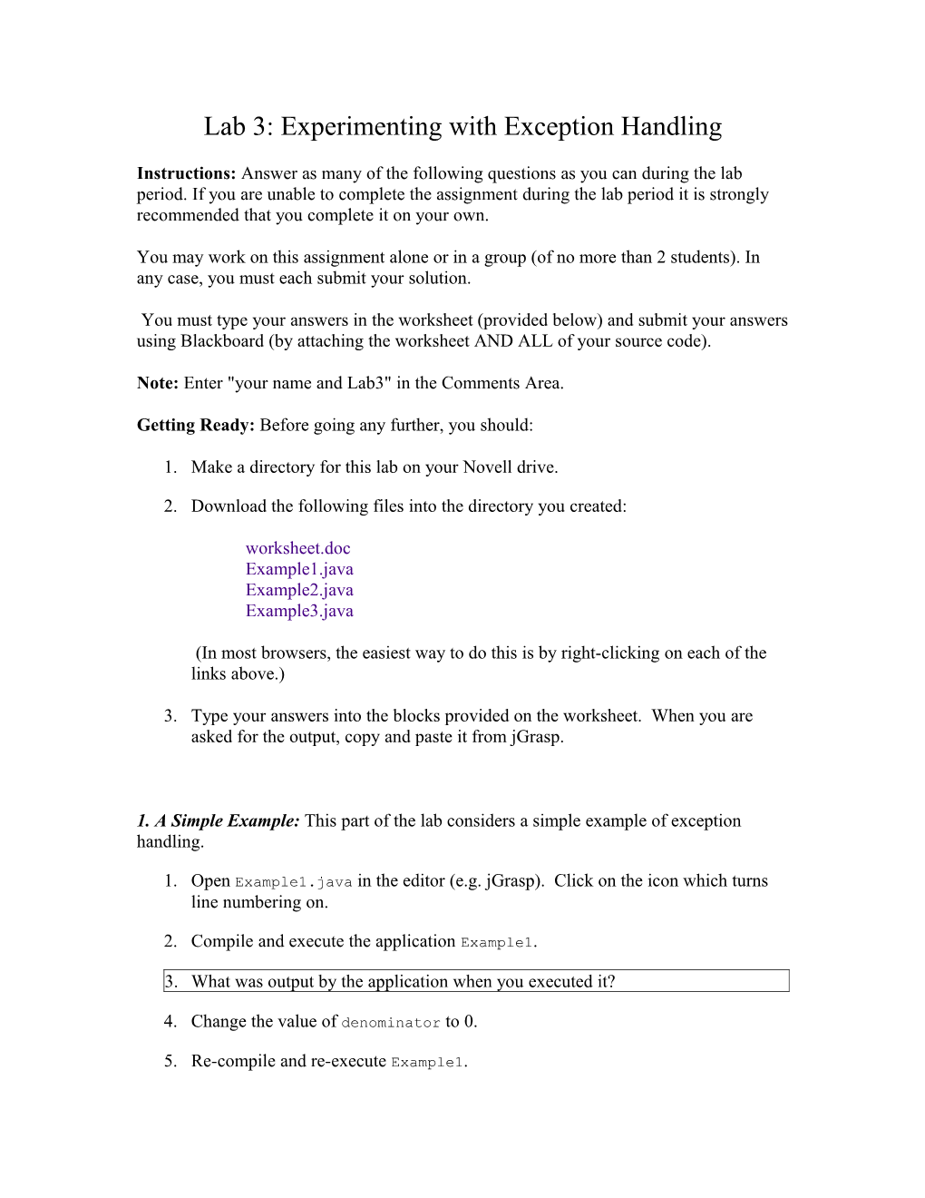 Lab 3: Experimenting with Exception Handling