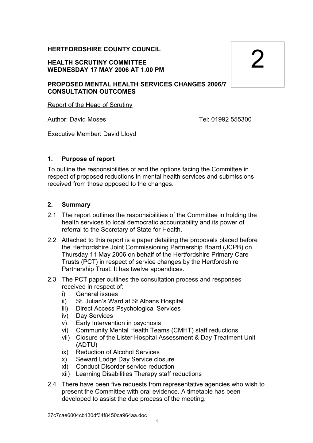 Proposed Mental Health Services Changes 2006/7