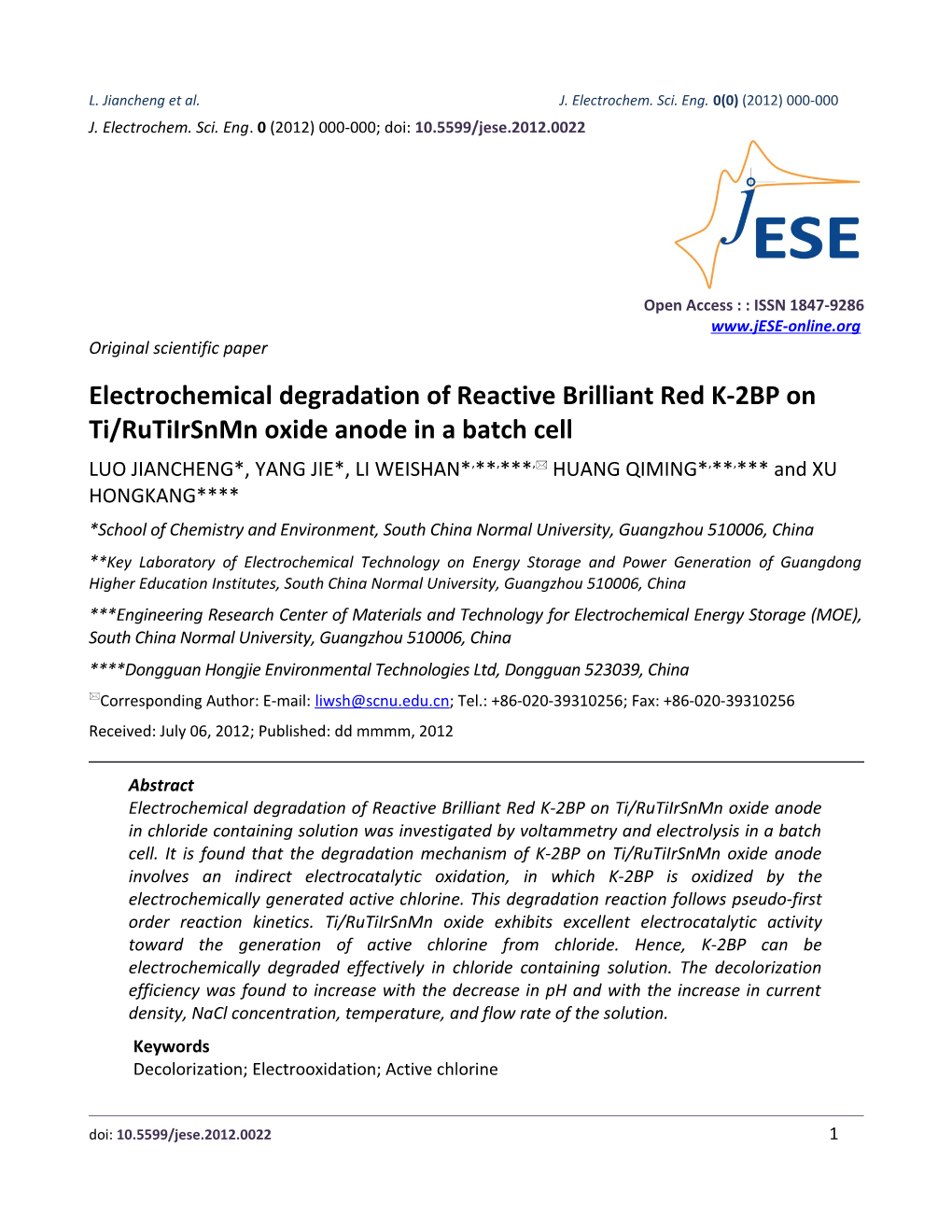 L. Jiancheng Et Al.J. Electrochem. Sci. Eng. 0(0) (2012) 000-000