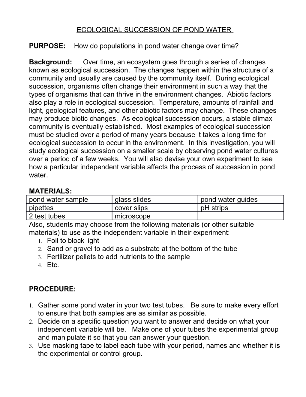 Ecological Succession of Pond Water