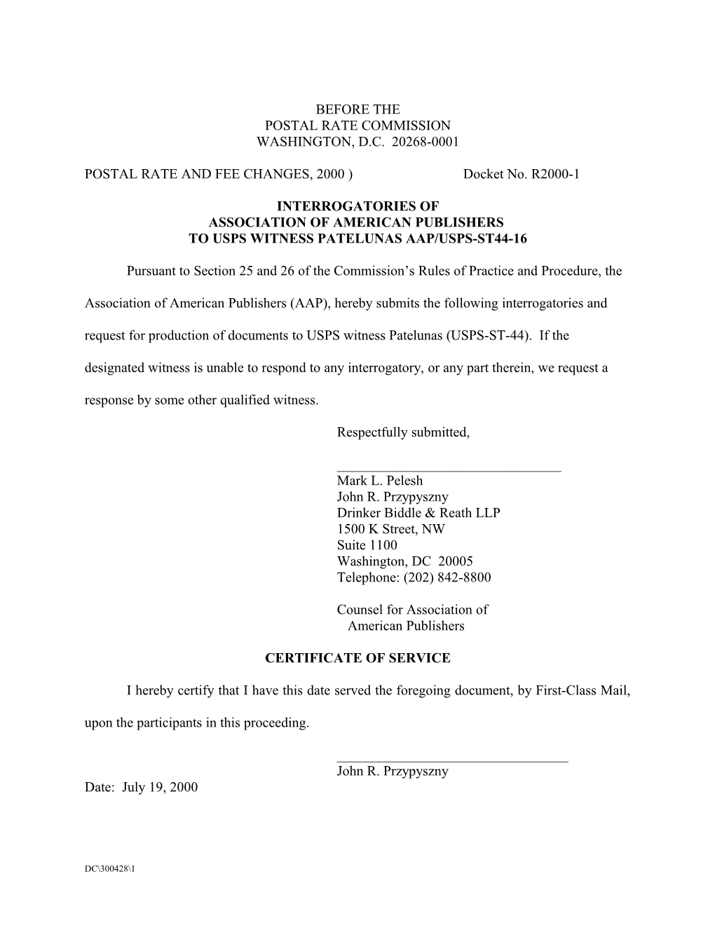 POSTAL RATE and FEE CHANGES, 2000 ) Docket No. R2000-1 s1