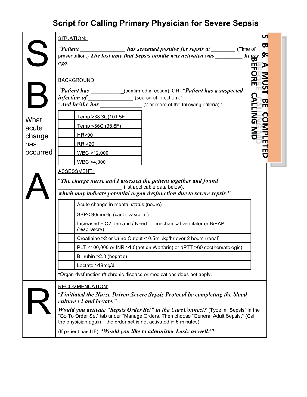 SBAR Transfer Faxed Report to Intermediate Care Unit