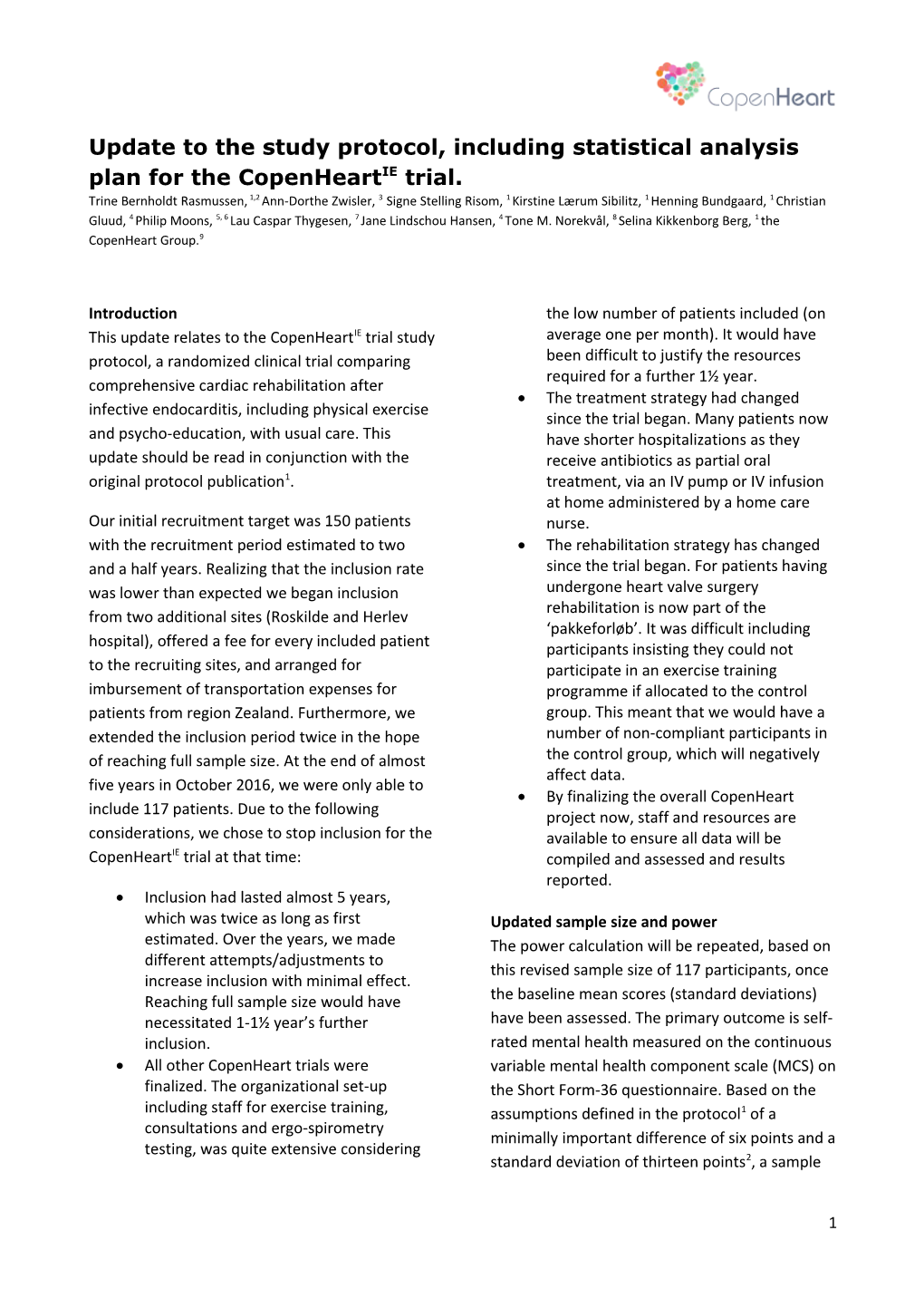 Update to the Study Protocol, Including Statistical Analysis Plan for the Copenheartie