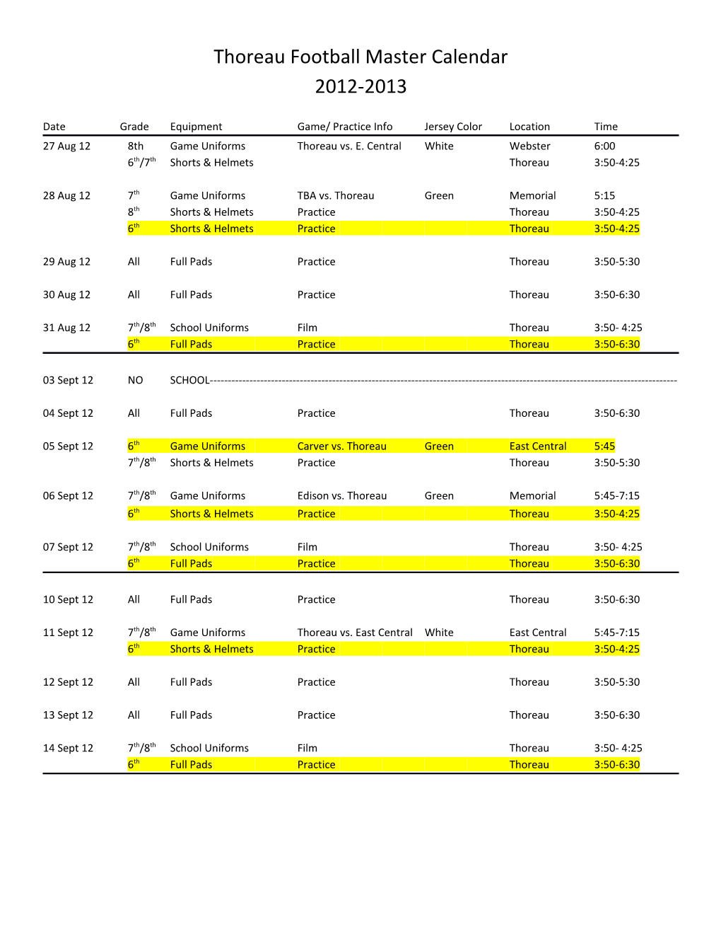 Thoreau Football Master Calendar