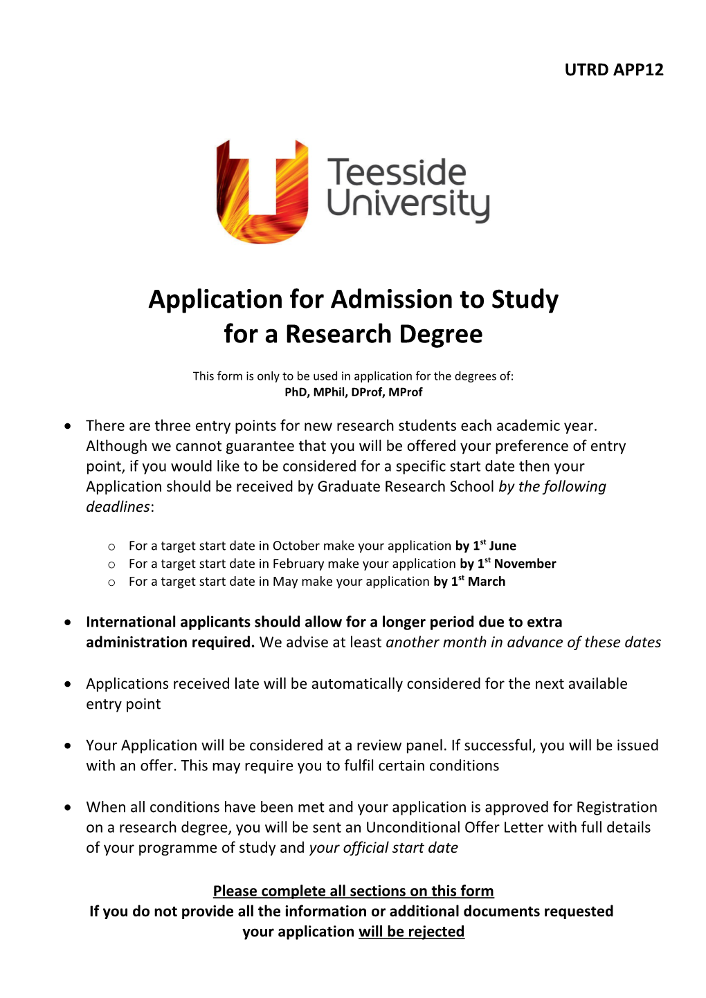 Application for Admission to Study