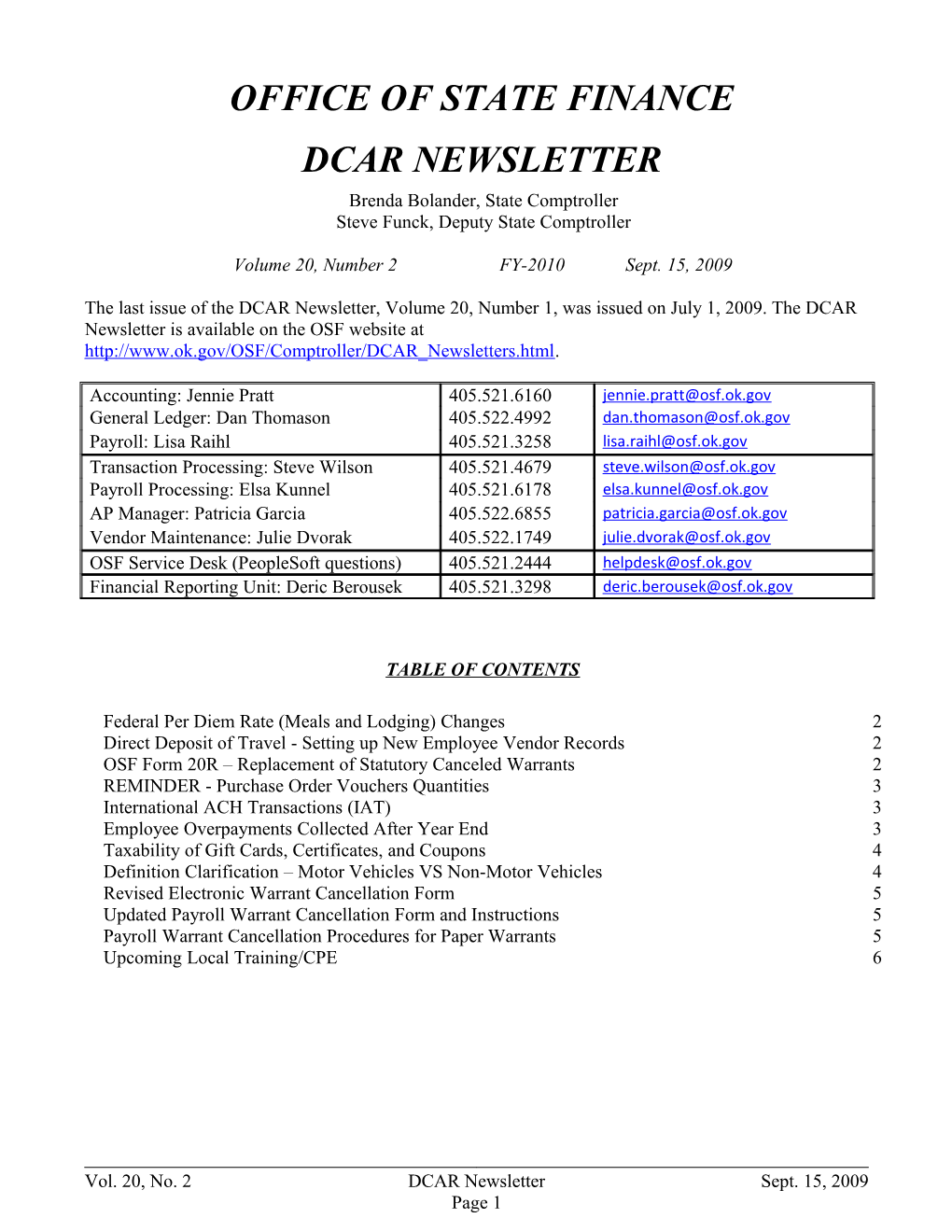 Office of State Finance DCAR Newsletter, September 2009