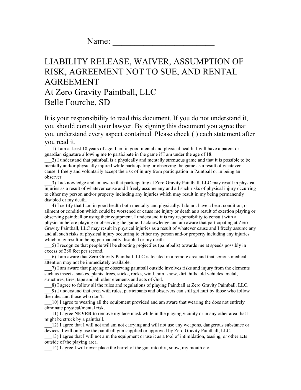 Liability Release, Waiver, Assumption Of