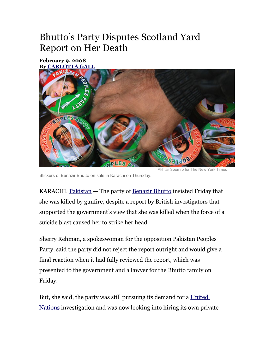 Bhutto S Party Disputes Scotland Yard Report on Her Death