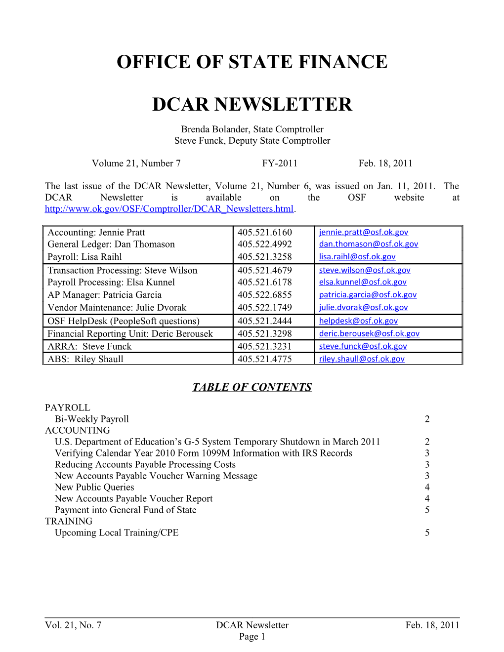 Office of State Finance DCAR Newsletter, Feb. 18, 2011