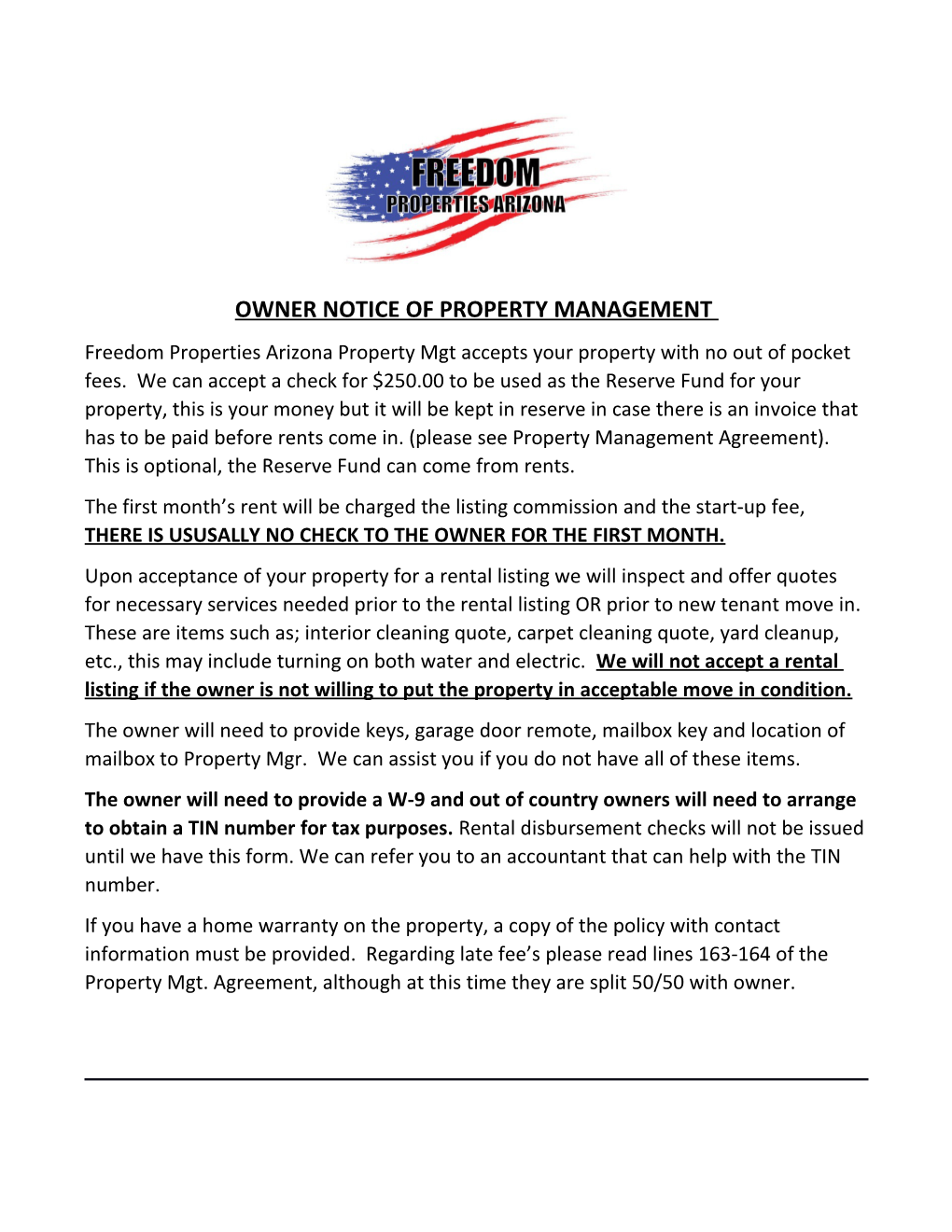 Owner Notice of Property Management