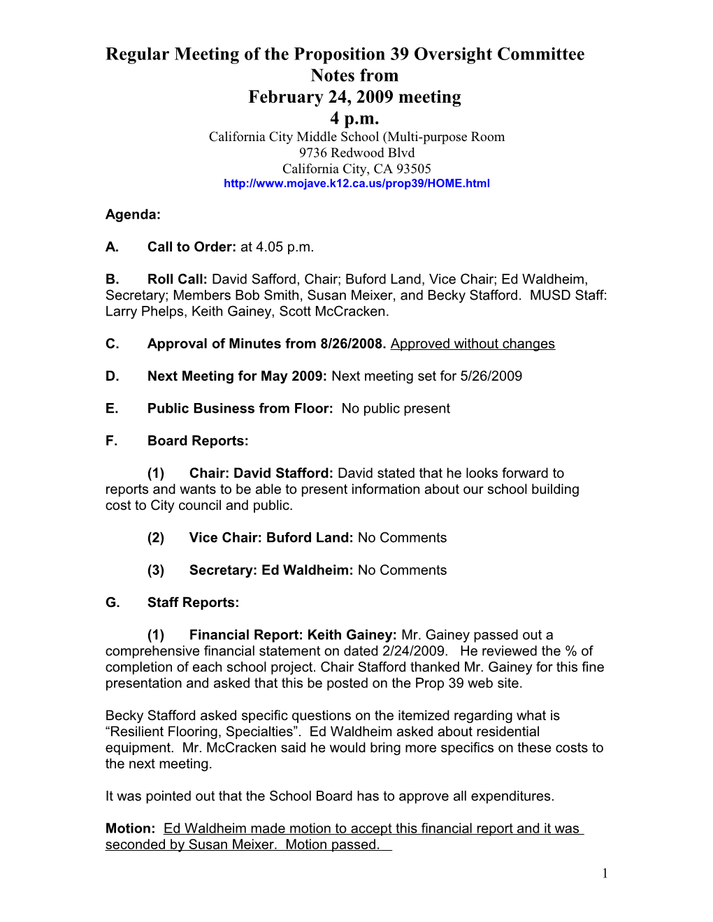 Regular Meeting of the Proposition 39 Oversight Committee