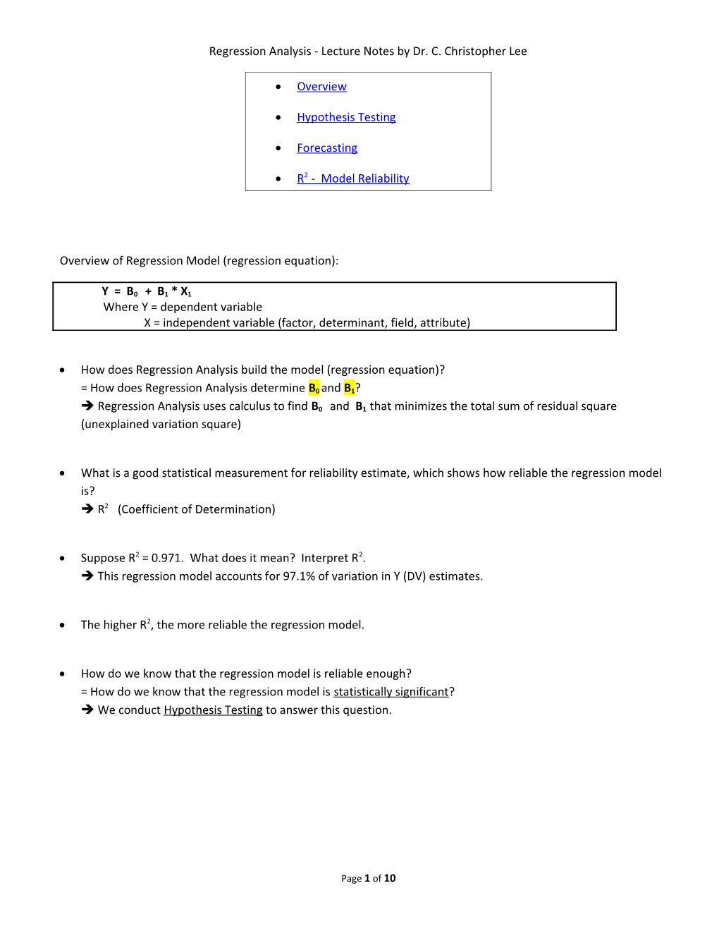 Regression Analysis - Lecture Notes by Dr. C. Christopher Lee