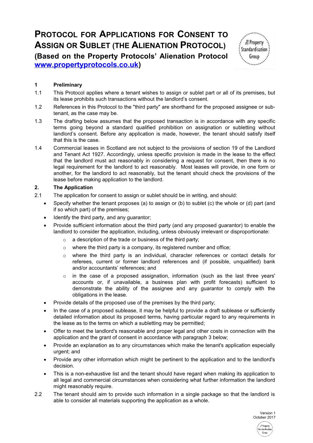 1.1 This Protocol Applies Where a Tenant Wishes to Assign Or Sublet Part Or All of Its