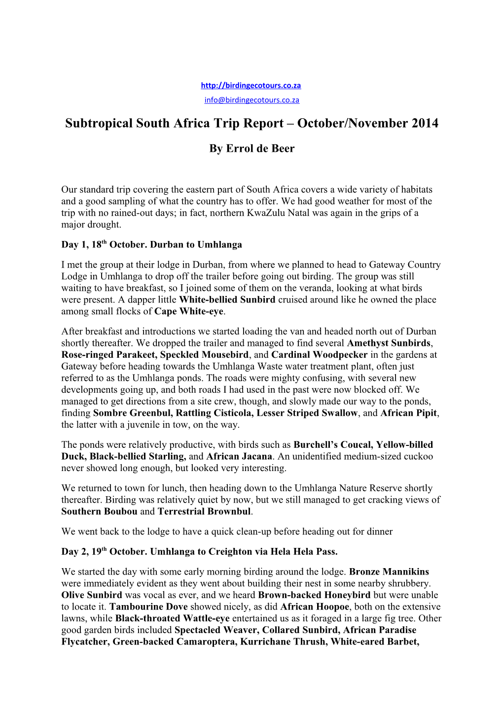 Subtropical South Africa Trip Report October/November 2014