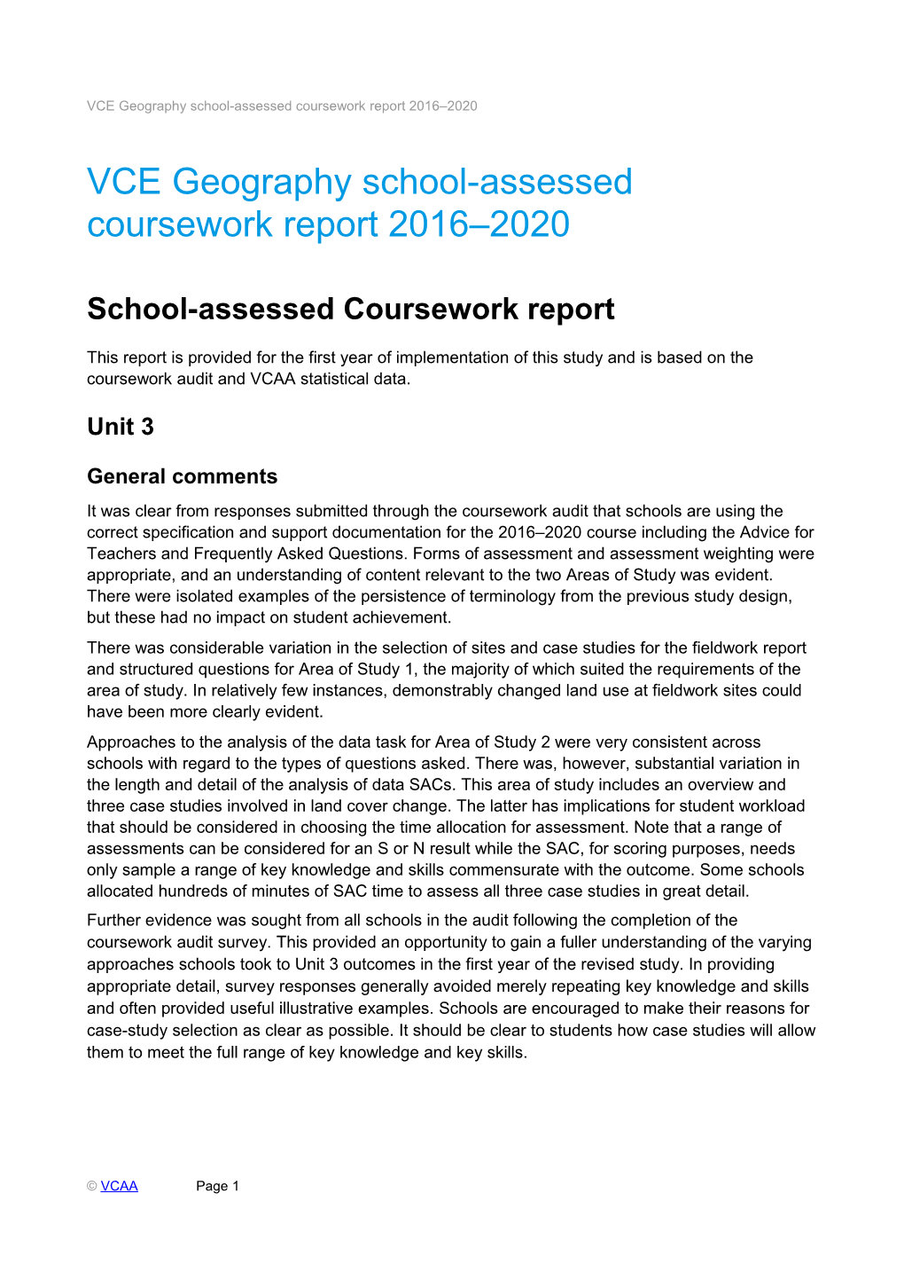 VCE Geography School-Assessed Coursework Report 2016 2020