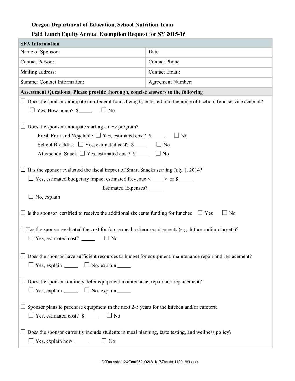 Paid Lunch Equity Exemption Request for SY 2013-14