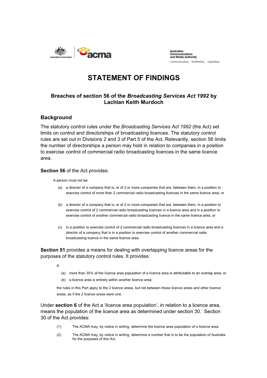 Statement of Findings - Lachlan Murdoch - Breaches of S 56 of BSA