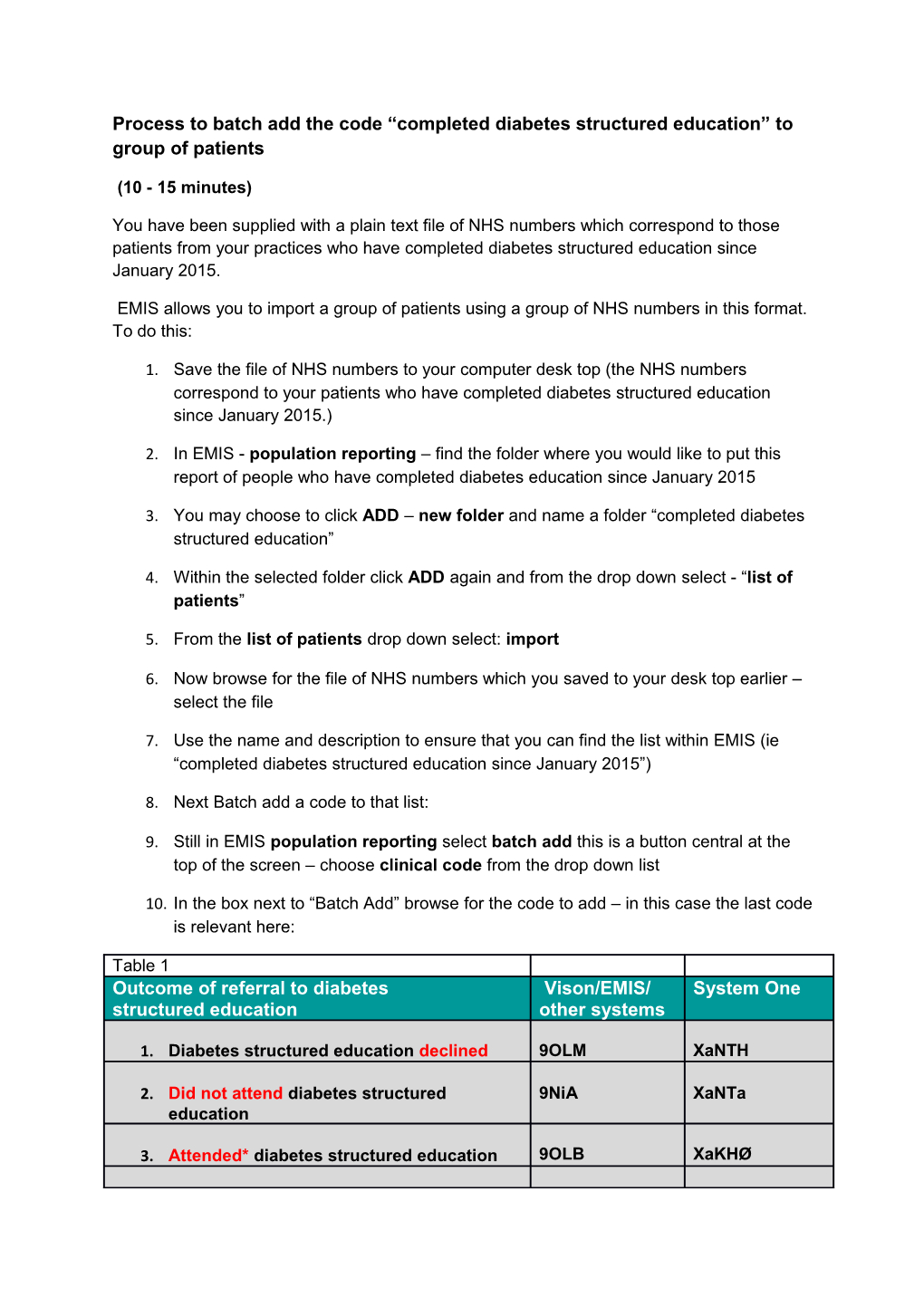 Process to Batch Add the Code Completed Diabetes Structured Education to Group of Patients