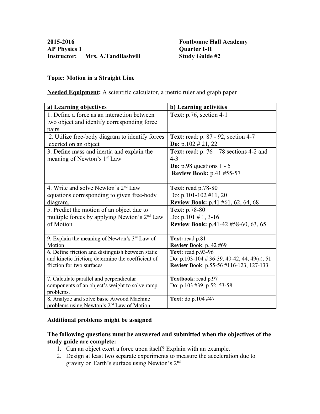 Instructor: Mrs. A.Tandilashvilistudy Guide #2