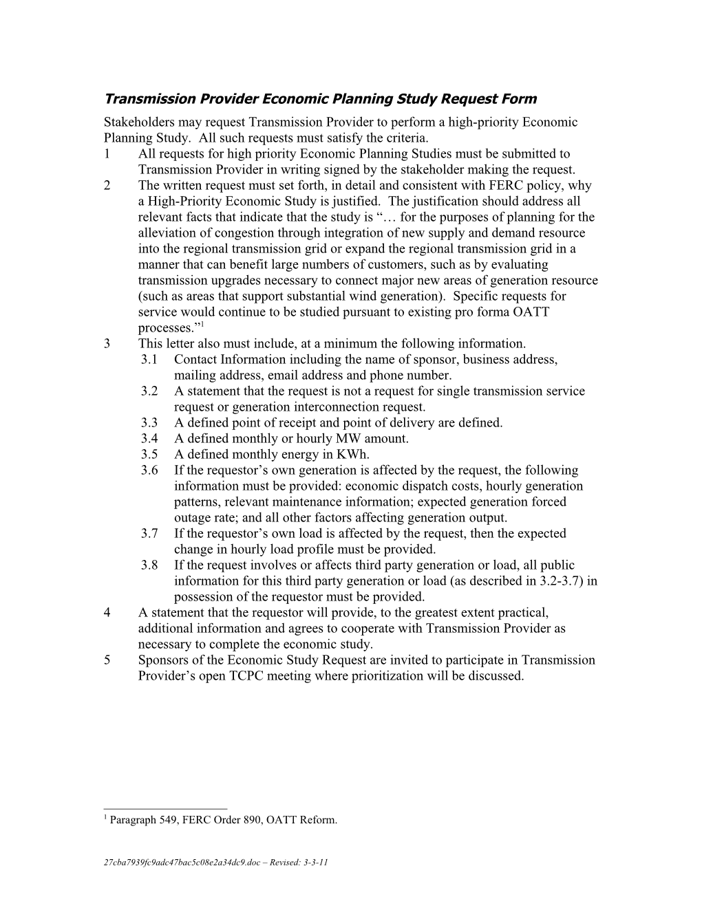 NWE Economic Planning Study Request Form