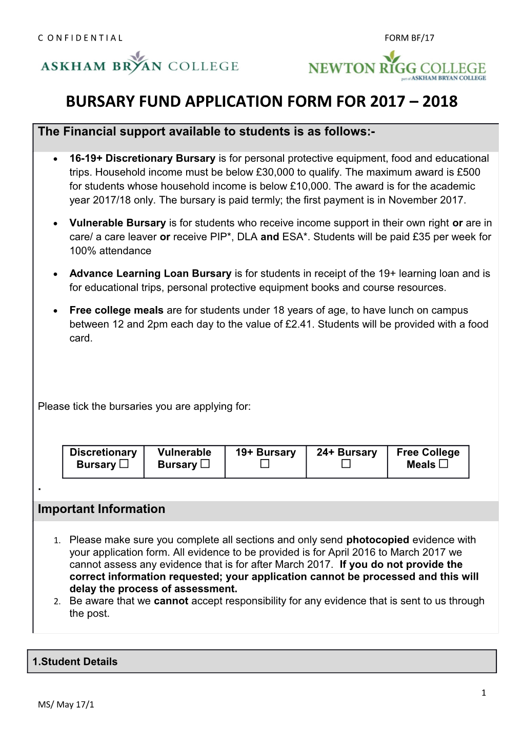 Bursary Fund Application Form for 2017 2018