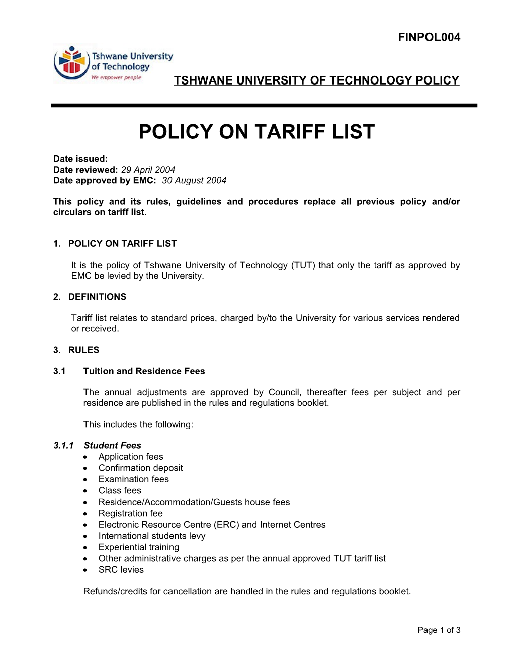 Tshwane University of Technology Policy